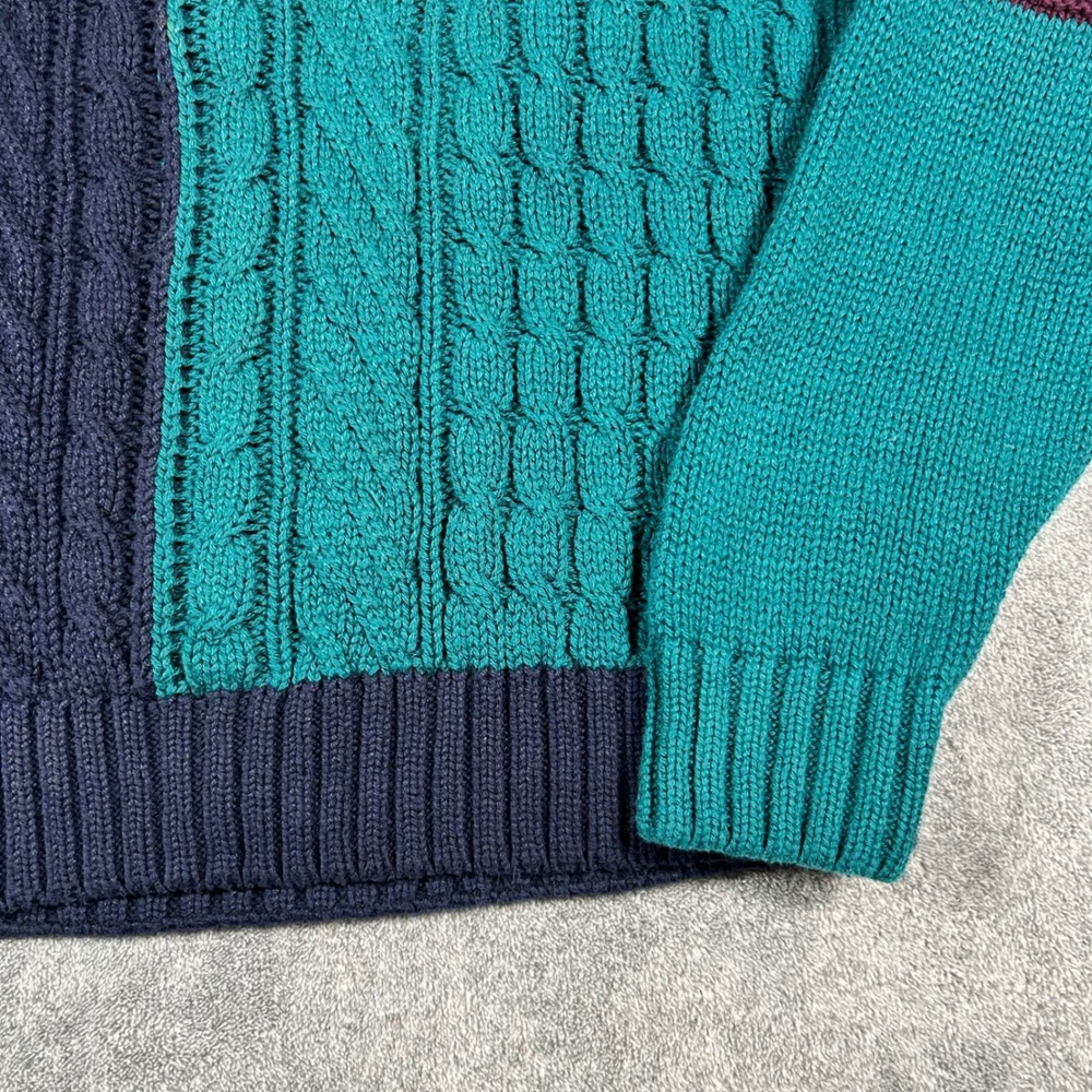 VTG Eddie Bauer Cable Knit Sweater Colorblock Navy Teal Burgundy Men XL Made USA - Picture 5 of 13